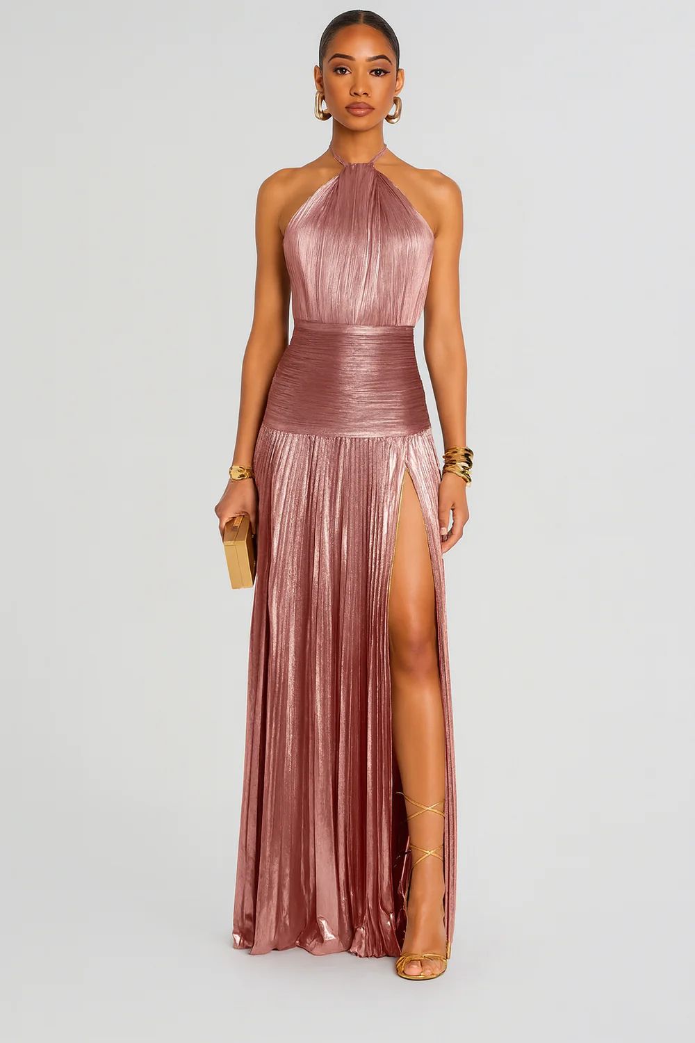 Vestido Longo Metalizado com Fenda Modern Lorry