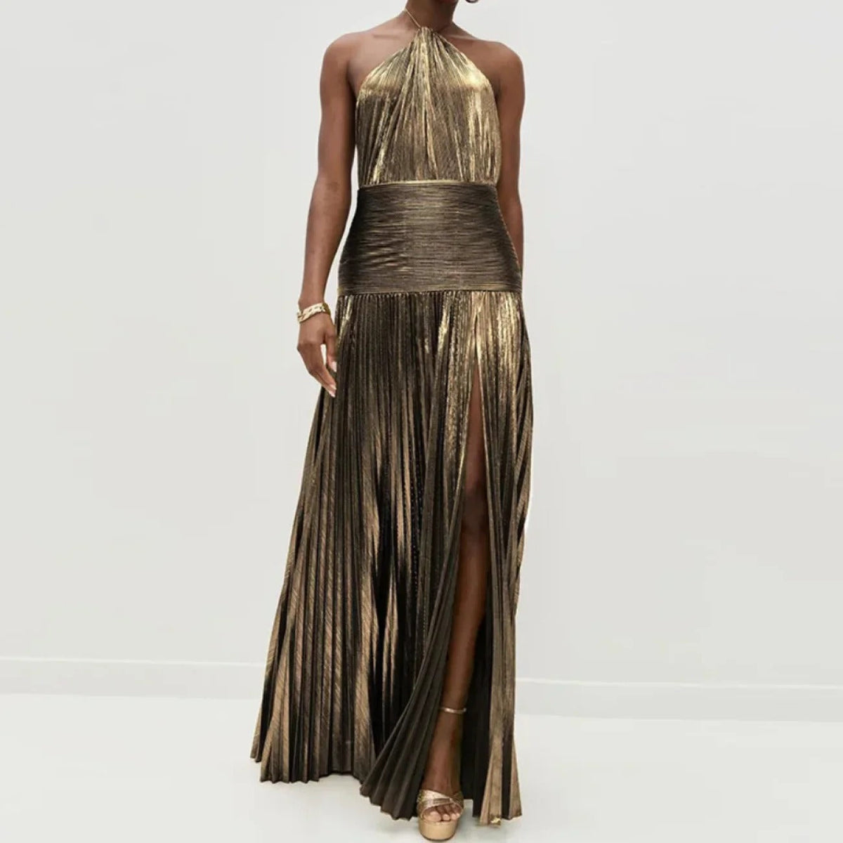 Vestido Longo Metalizado com Fenda Modern Lorry