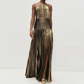 Vestido Longo Metalizado com Fenda Modern Lorry