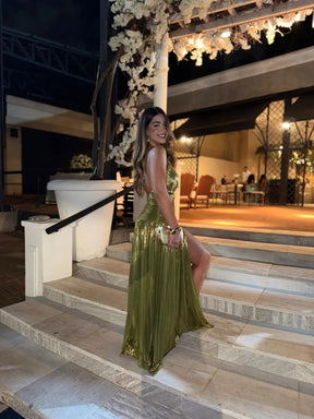 Vestido Longo Metalizado com Fenda Modern Lorry