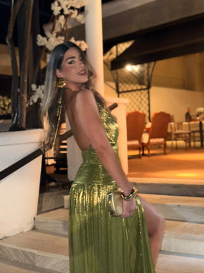 Vestido Longo Metalizado com Fenda Modern Lorry
