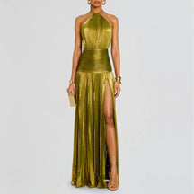 Vestido Longo Metalizado com Fenda Modern Lorry