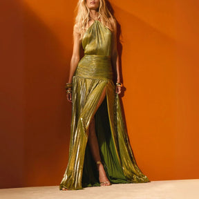 Vestido Longo Metalizado com Fenda Modern Lorry