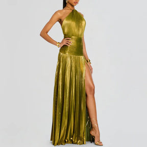 Vestido Longo Metalizado com Fenda Modern Lorry