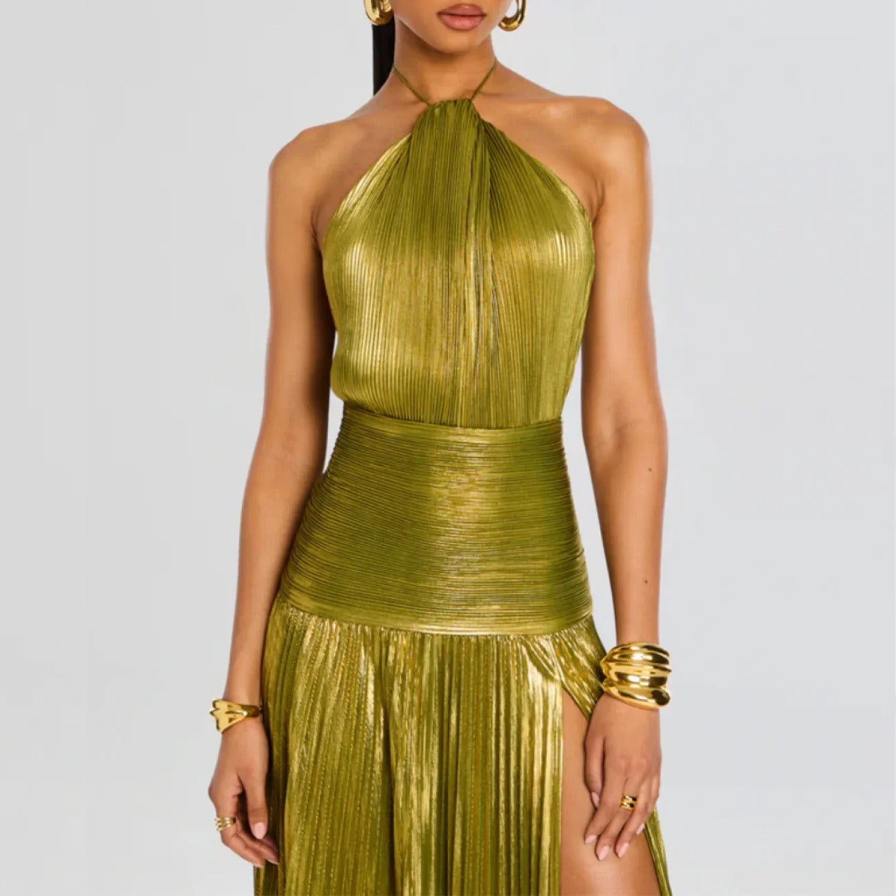 Vestido Longo Metalizado com Fenda Modern Lorry